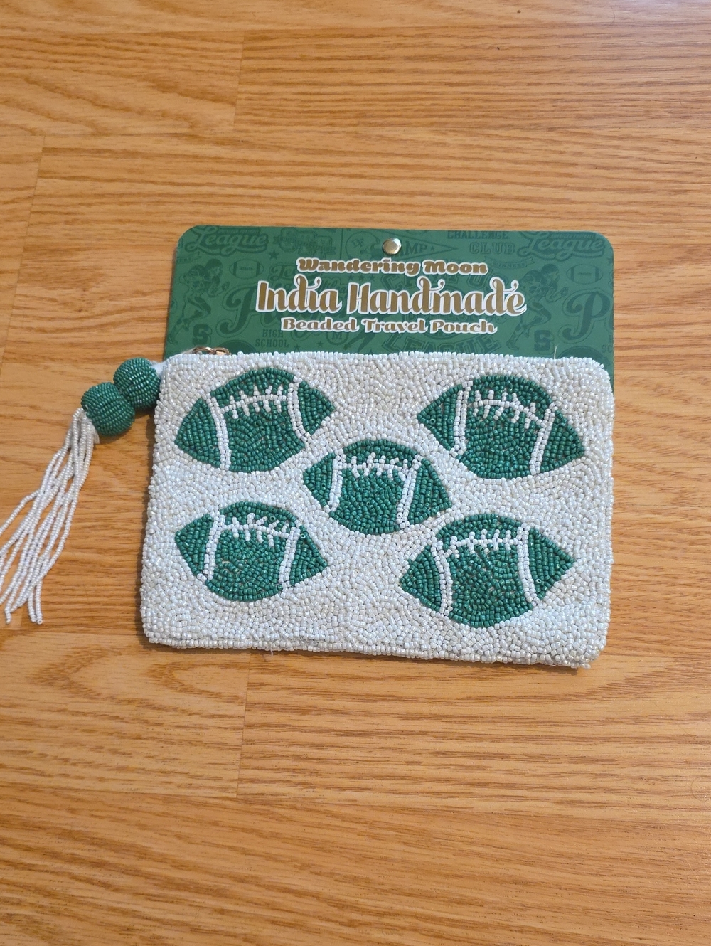 India Handmade Beaded Travel Pouch - Green Footballs